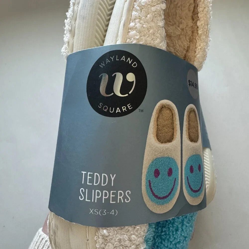 Bundle-Wayland Square Teddy Slippers Size XS & Small Beige Blue Happy Face